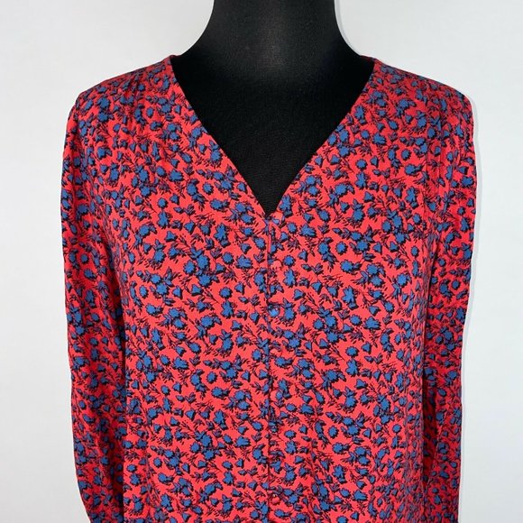 J. Jill Petite XS Red Blue Patterned Rayon Button Down Long Sleeve - Picture 2 of 8